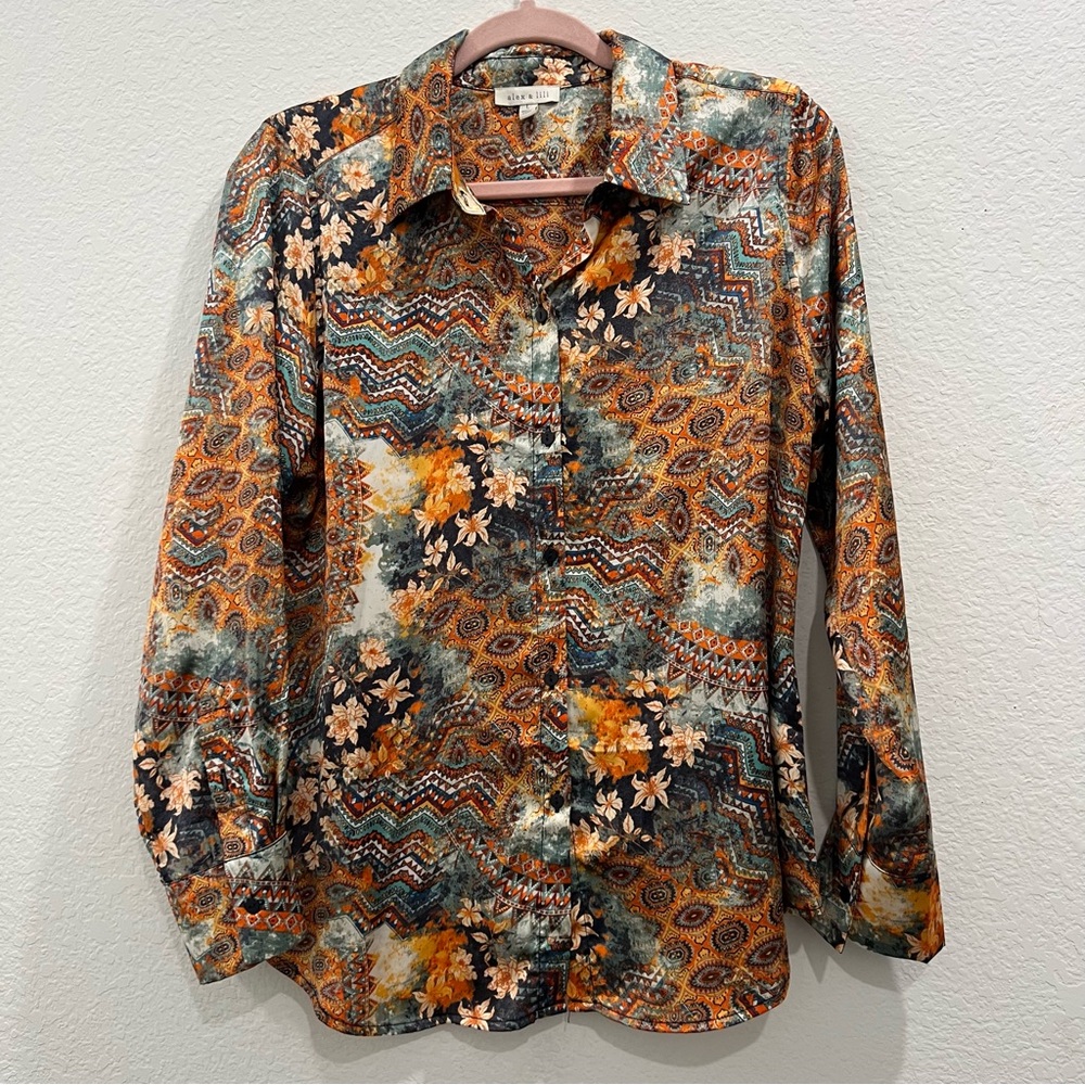 Alex and Lili Satin boho print button front blouse teal turquoise brown orange L